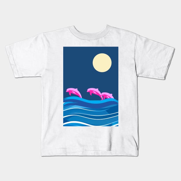 Dolphin jumping in the waves by night Kids T-Shirt by punderful_day